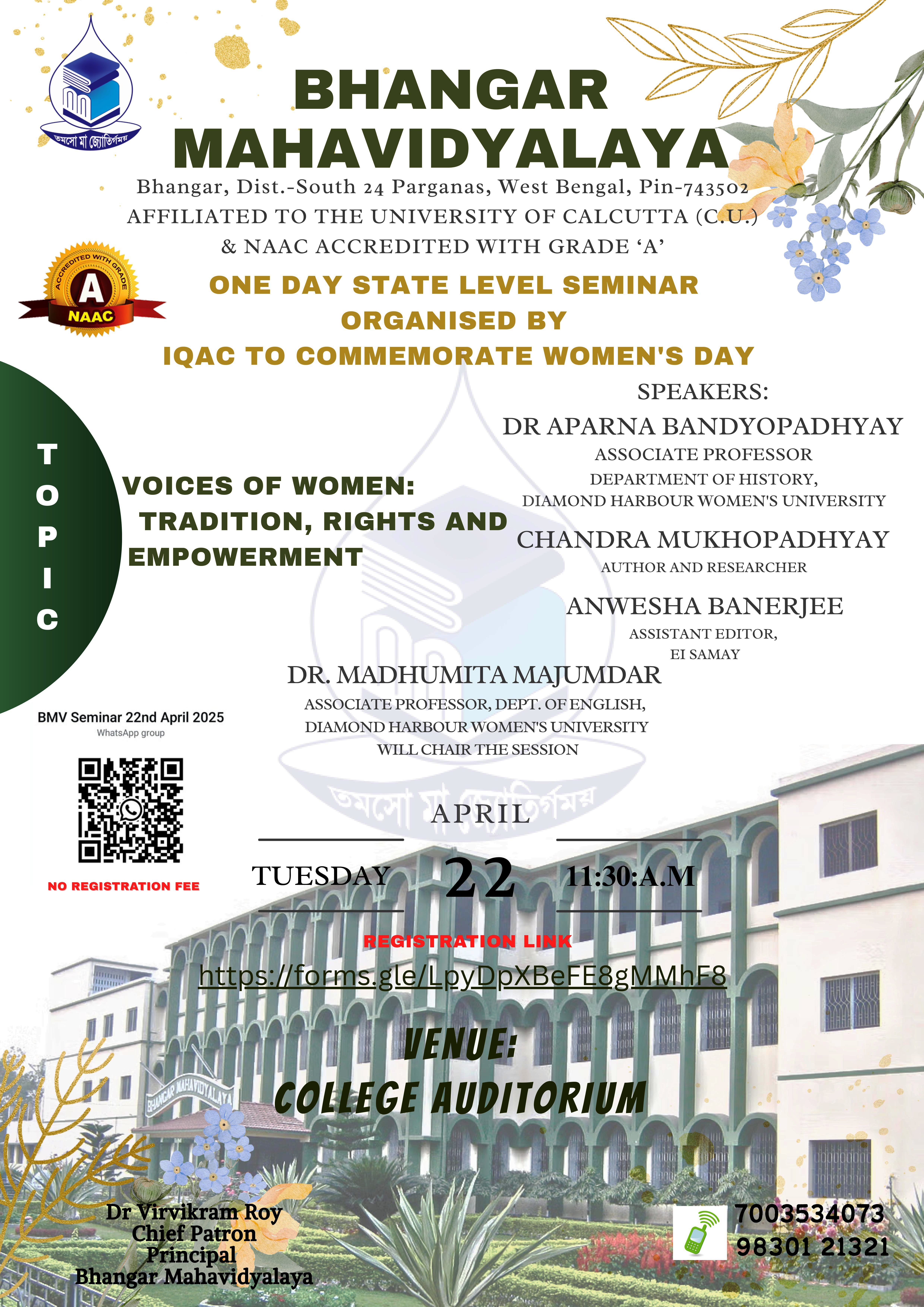 22.04.2025: One-Day State Level Seminar on: Voices of Women: Tradition, Rights, and Empowerment